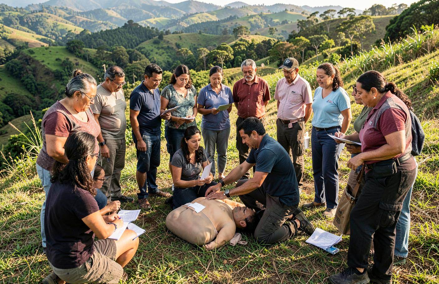 Grupo de vecinos practicando primeros auxilios al aire libre en la montaña