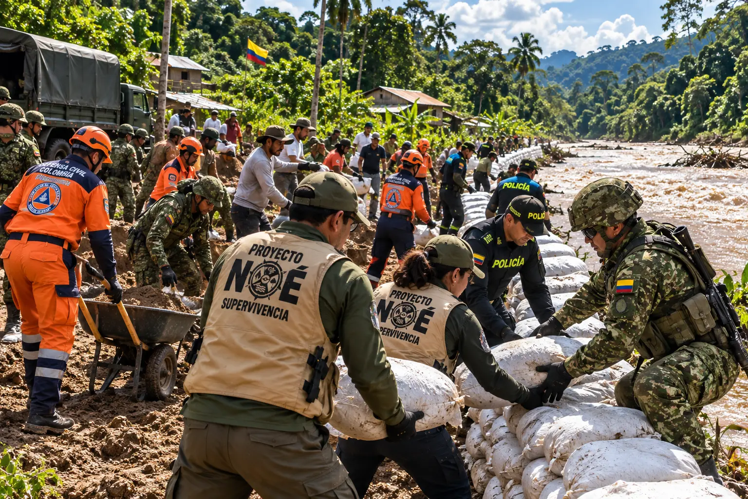 Comunidad, Defensa Civil, Policía y voluntarios de Proyecto NOE Supervivencia levantando un dique de sacos de arena durante una inundación