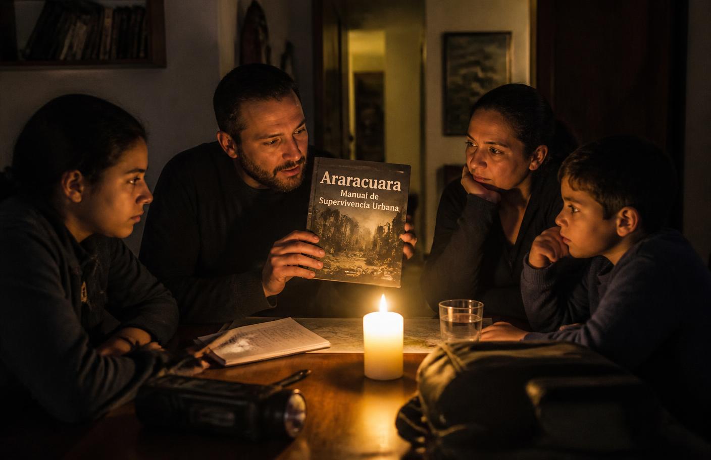 Familia urbana reunida a la luz de una vela consultando el manual Araracuara durante una emergencia